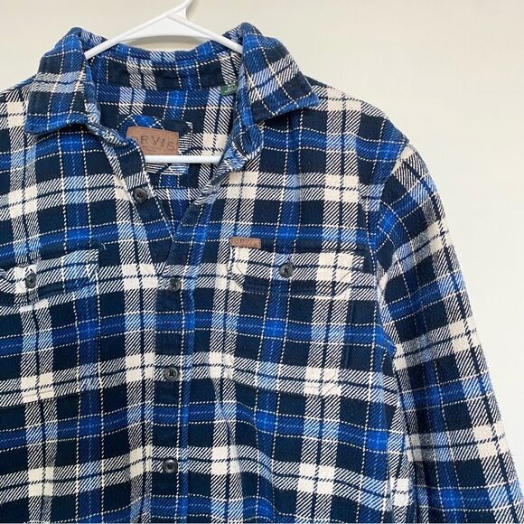 Orvis Men’s Heavy Flannel Plaid Button Down Shacket Blue White Size Medium - Picture 2 of 7